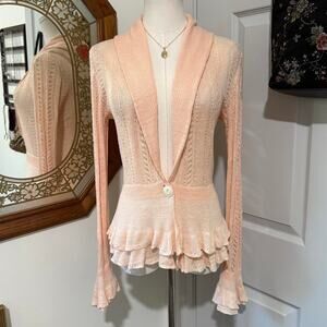 Y2K Ralph Lauren Peachy Pink Linen Open Knit Crochet Bell Sleeve Cardigan S